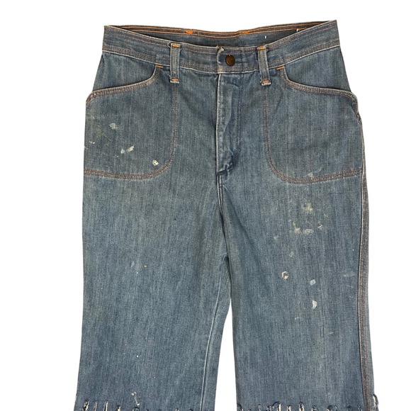 Vintage Custom Wrangler Fringe Hem Jeans Reworked Paint Splatter Denim Boho S - Picture 5 of 9